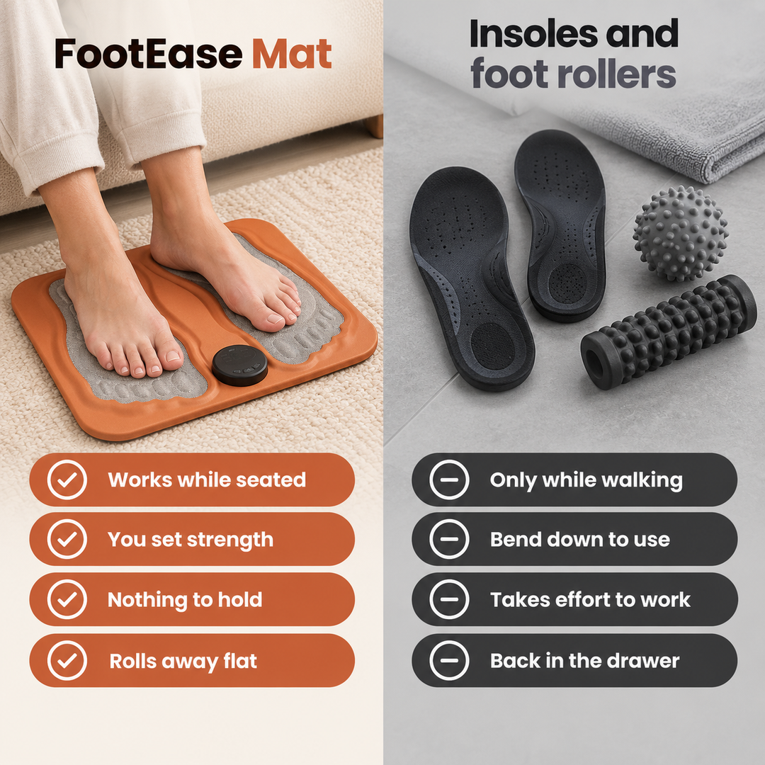FootEase Mat compared with insoles and foot rollers